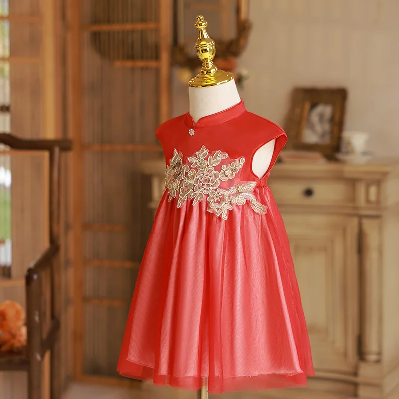 Vestido verano niña rojo con bordado floral transpirable - imagen 3