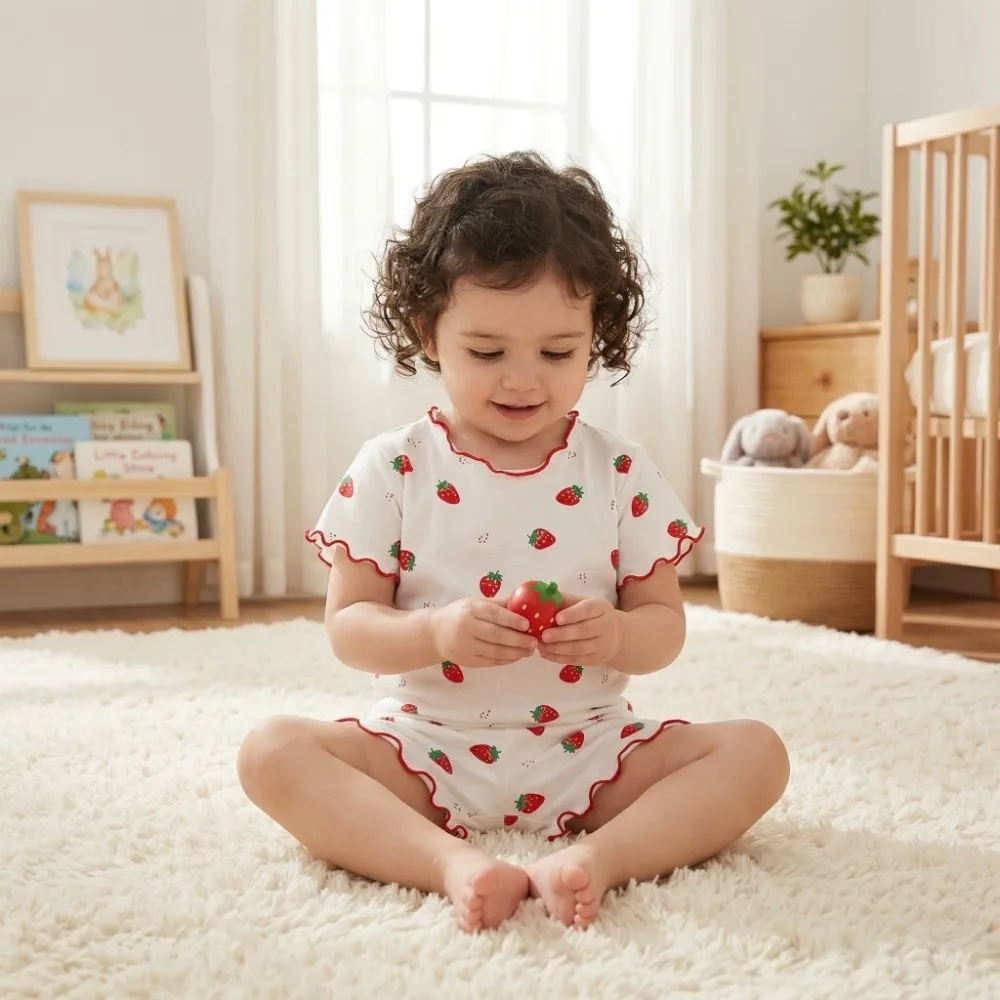 Pijama de niña algodón orgánico con fresas – camiseta y bermuda - imagen 3