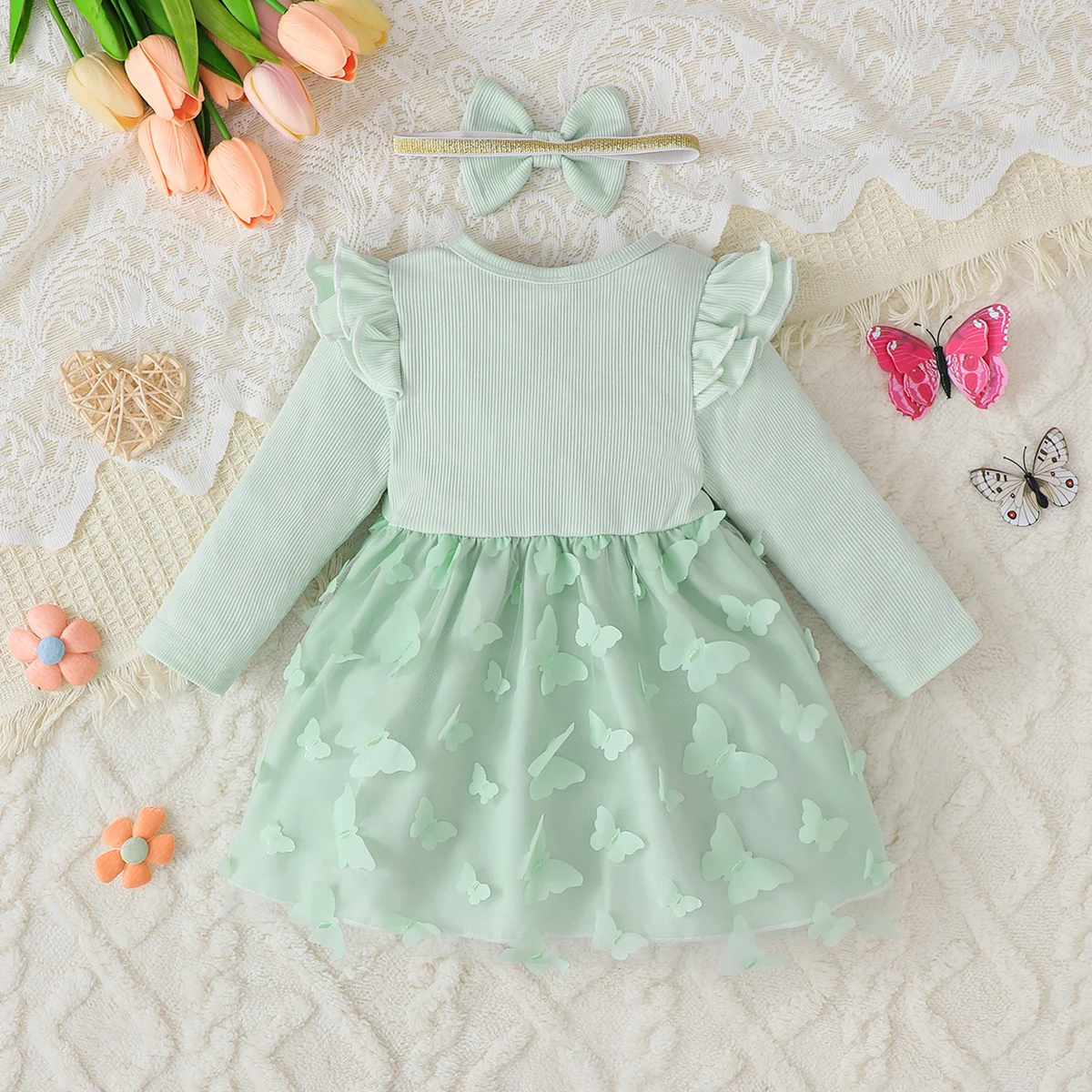 Vestido princesa para niñas 0-3 años con tul verde y mariposa 3D - imagen 2