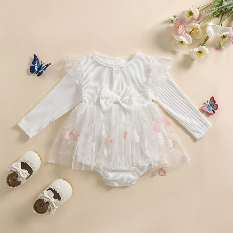 Pelele de otoño para niña con tul y bordado de mariposa - imagen 2