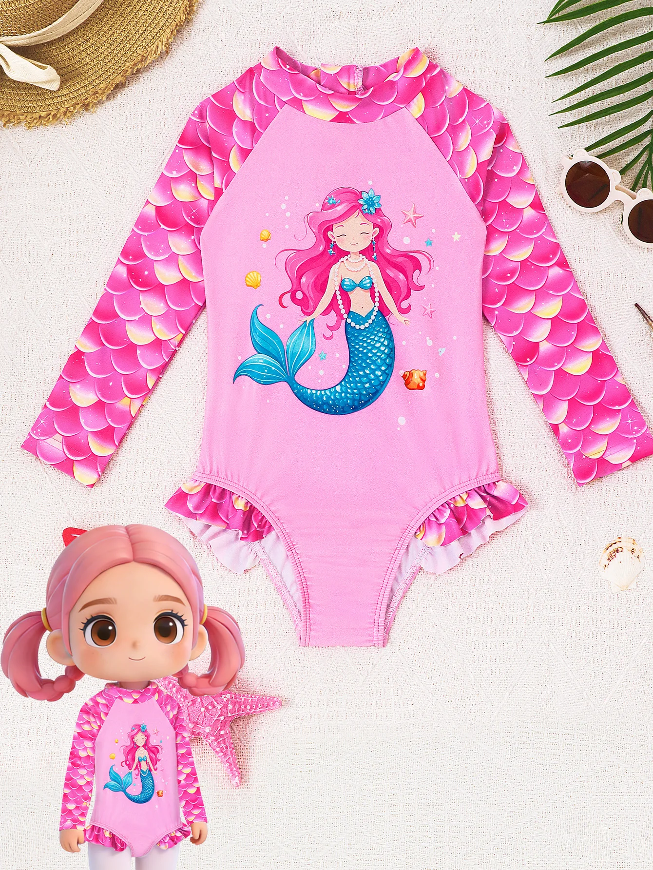 Bañador una pieza de niña con manga larga estilo sirena hawaiana - imagen 2