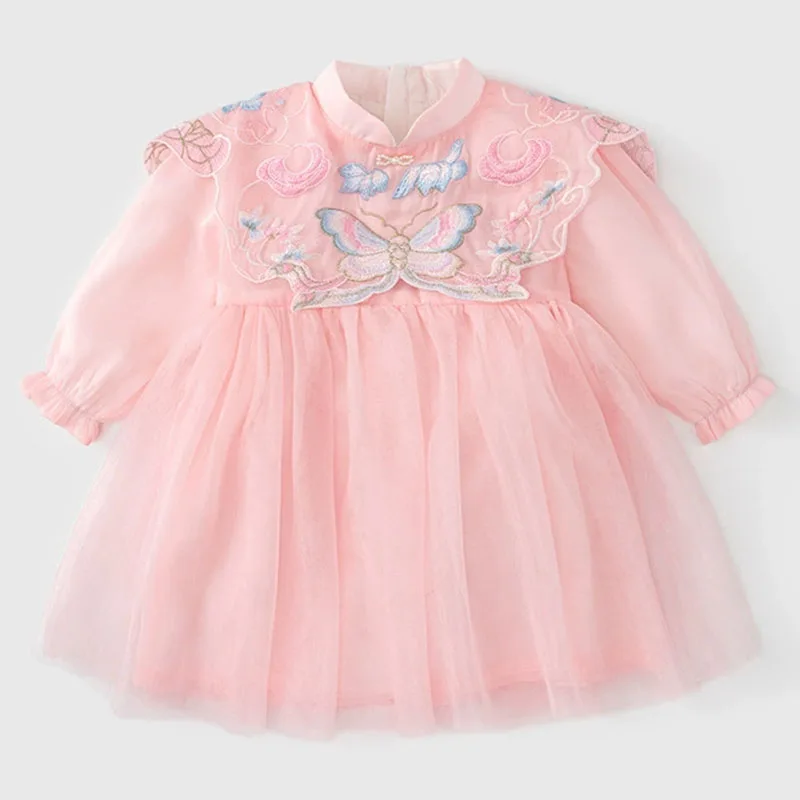 Vestido bebé de otoño de manga larga con bordado mariposa
