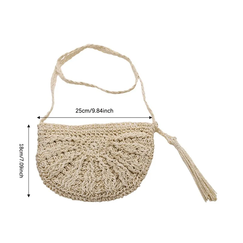 Bolso bandolera de paja semicircular ratán tejido a mano para playa - imagen 4