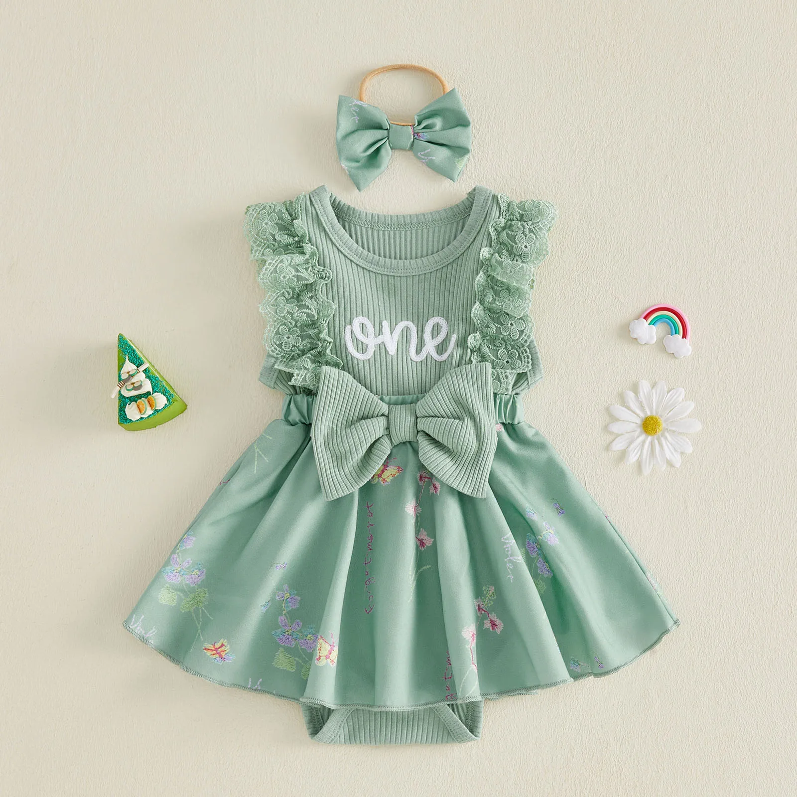 Conjunto de cumpleaños para bebé niña con vestido sin mangas y diadema - imagen 2