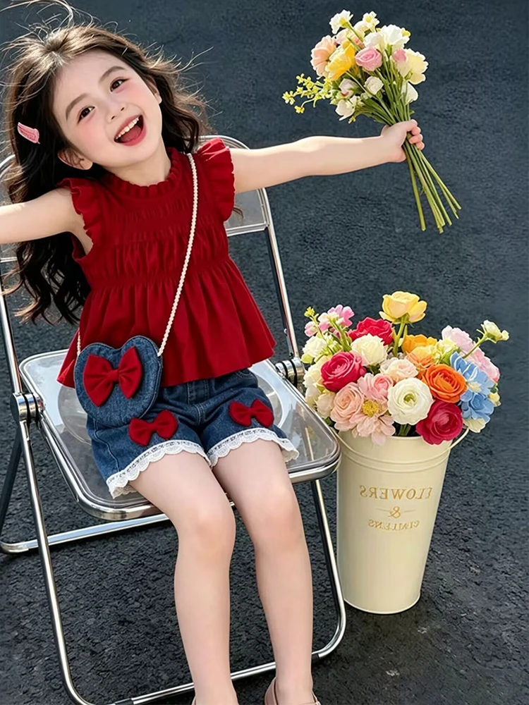 Conjunto de bebé niña volantes vino con pantalón corto vaquero y bolso