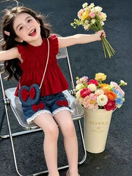 Conjunto de bebé niña volantes vino con pantalón corto vaquero y bolso