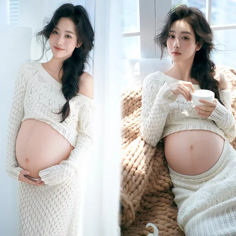 Vestido premamá blanco asimétrico para sesión de fotos - imagen 5