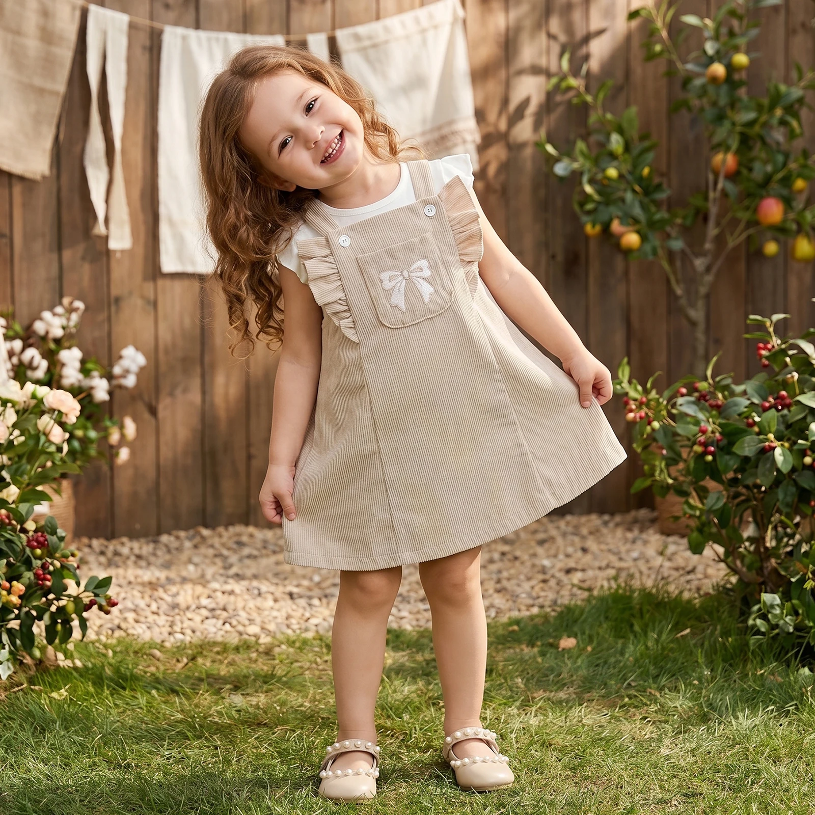 Vestido de pana con tirantes para bebé niña: lazo bordado y volantes - imagen 4