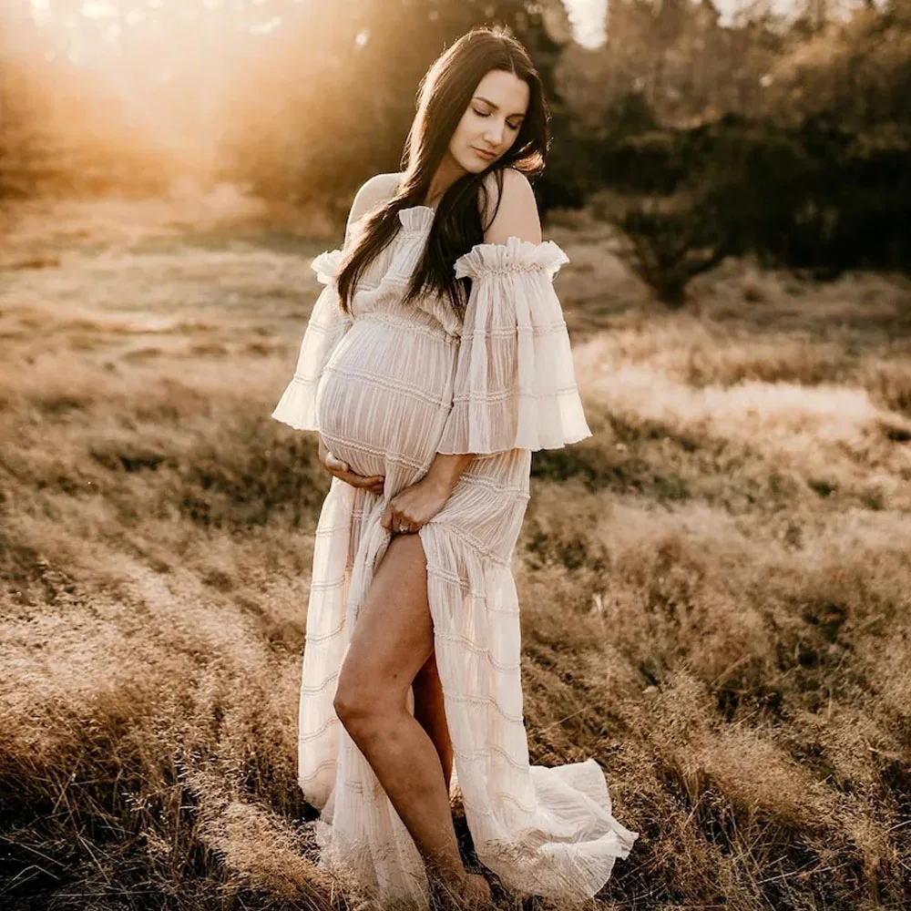 Vestido de maternidad sin tirantes – Gasa plisada con aberturas laterales