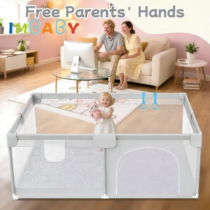 IMBABY Corralito para bebé gris con anillo de tracción y barrera - imagen 3