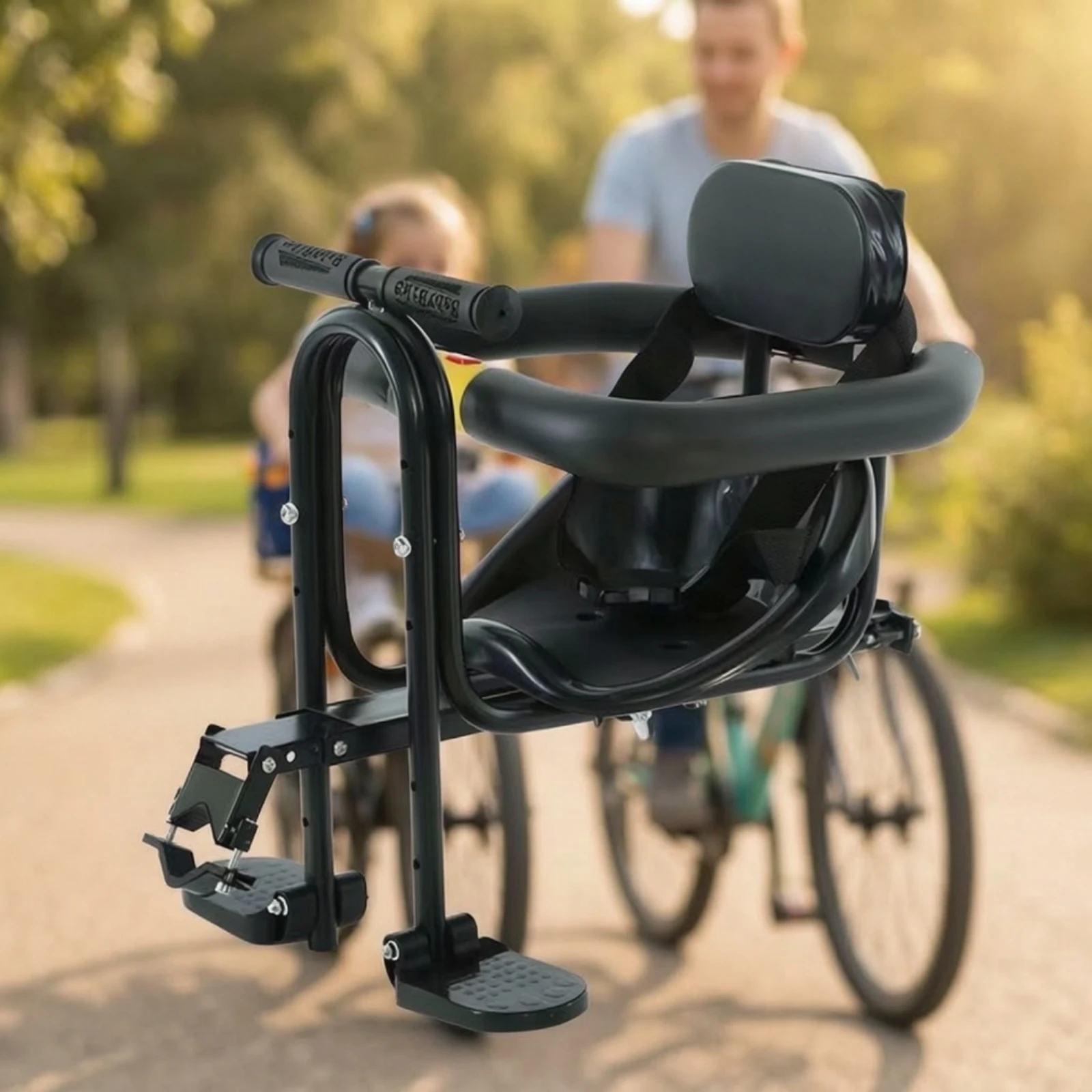 Asiento delantero bicicleta infantil acolchado con arnés y reposapiés - imagen 3