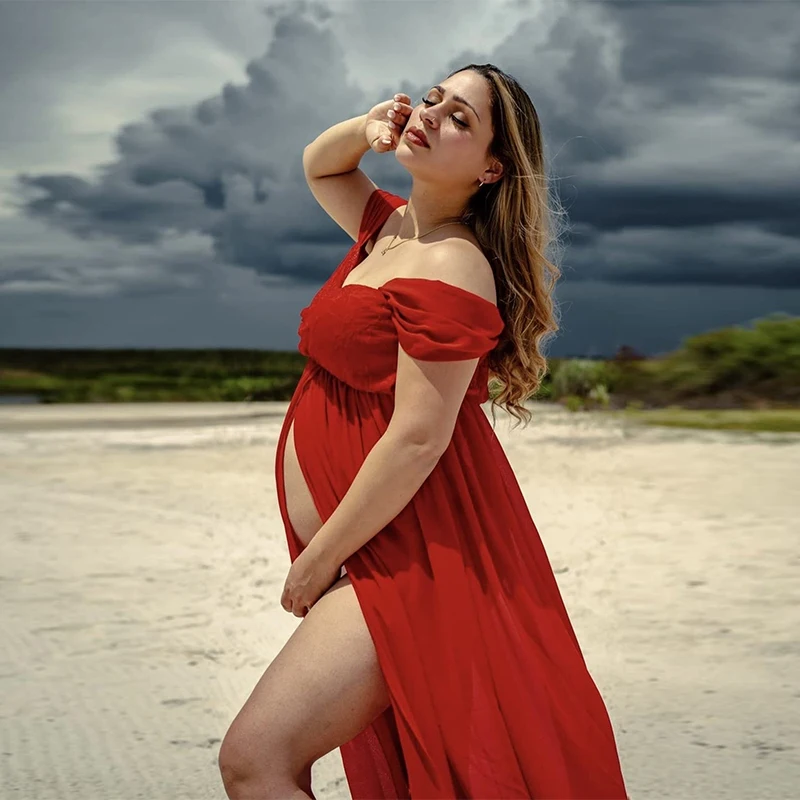 Vestido maternidad encaje largo elegante hombros descubiertos - imagen 5