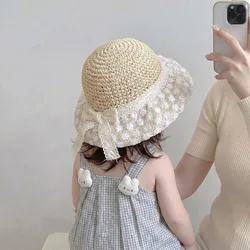 Sombrero de sol de paja con lazo y encaje floral para niña