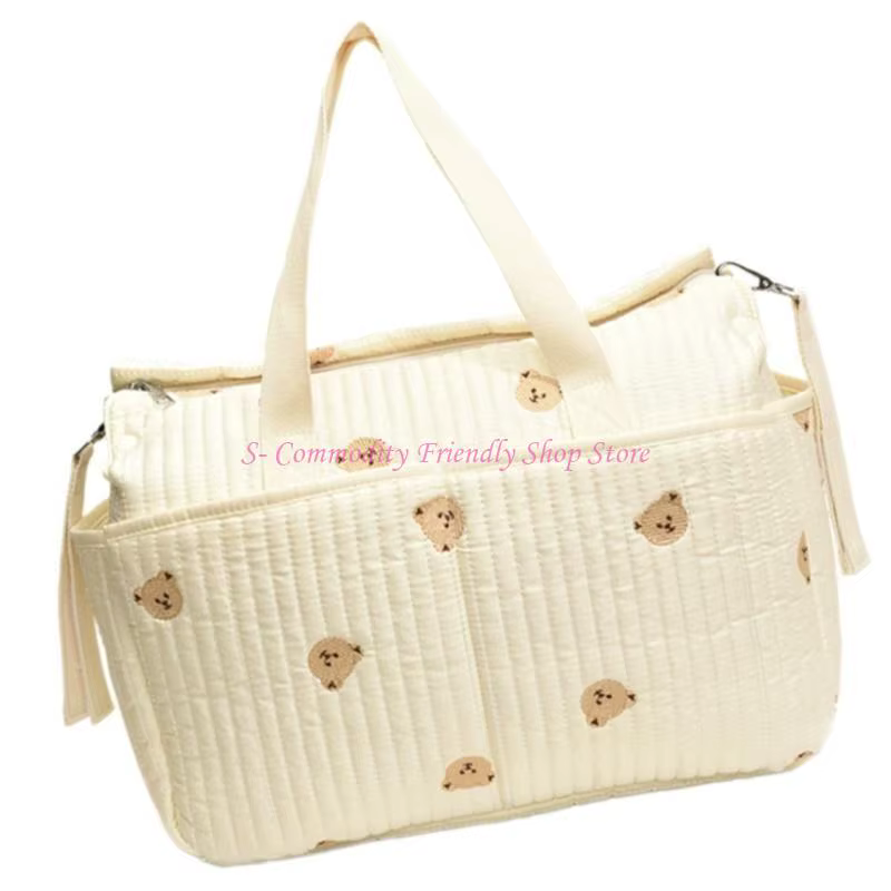 Bolsa para pañales con bordado floral y osito, gran capacidad - imagen 3