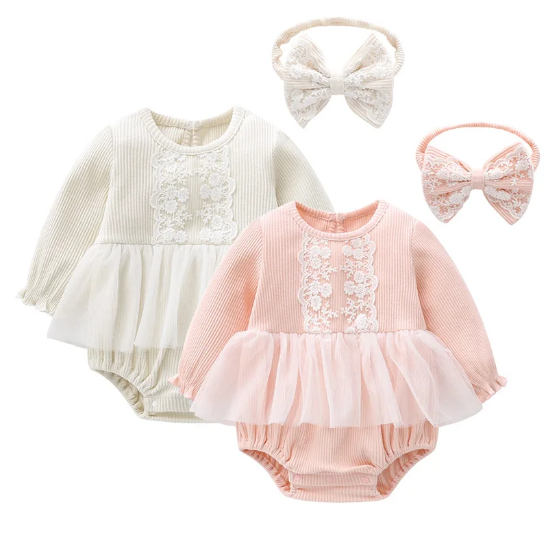 Conjunto de body y diadema de encaje para recién nacida entretiempo