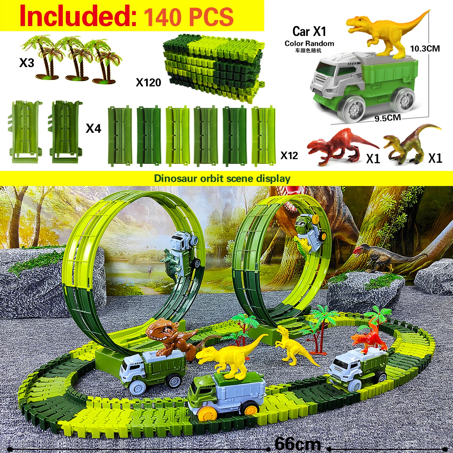 Escenario lúdico con dinosaurios y pista curva
