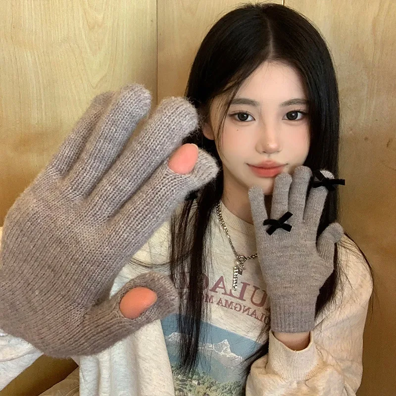 Guantes de invierno de estilo coreano para mujer con detalle de lazo