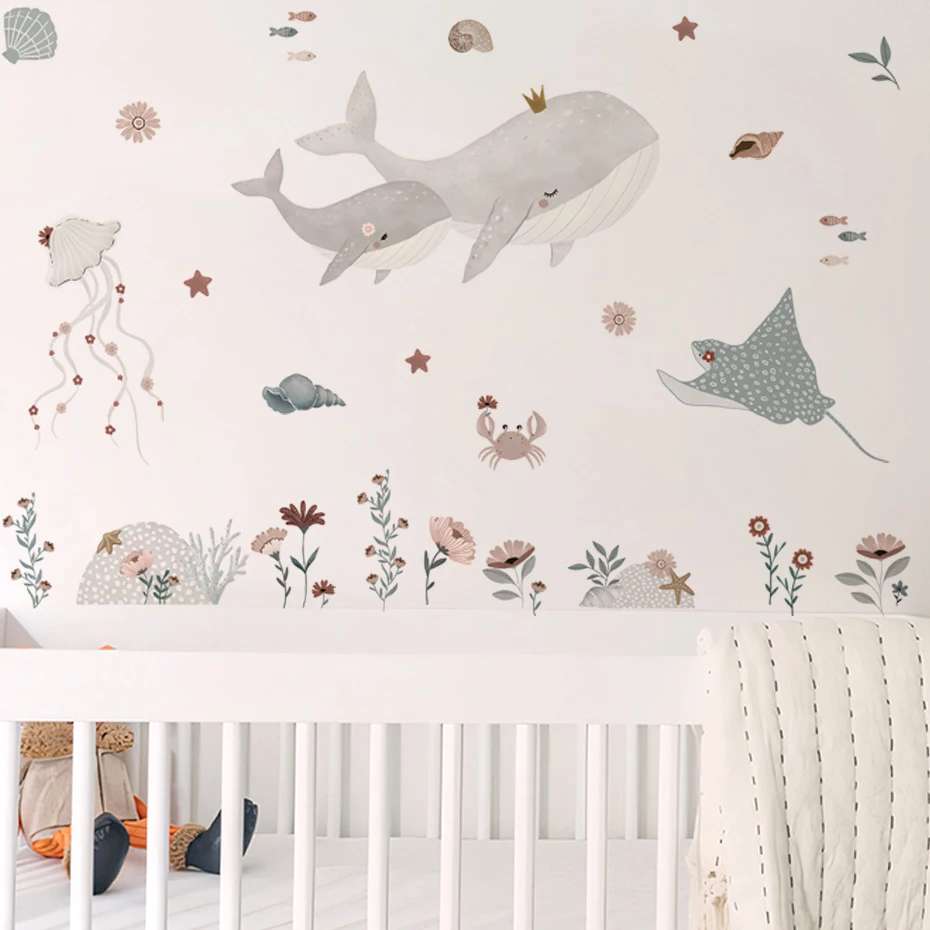 Vinilos de pared ballenas estilo acuarela para habitación infantil