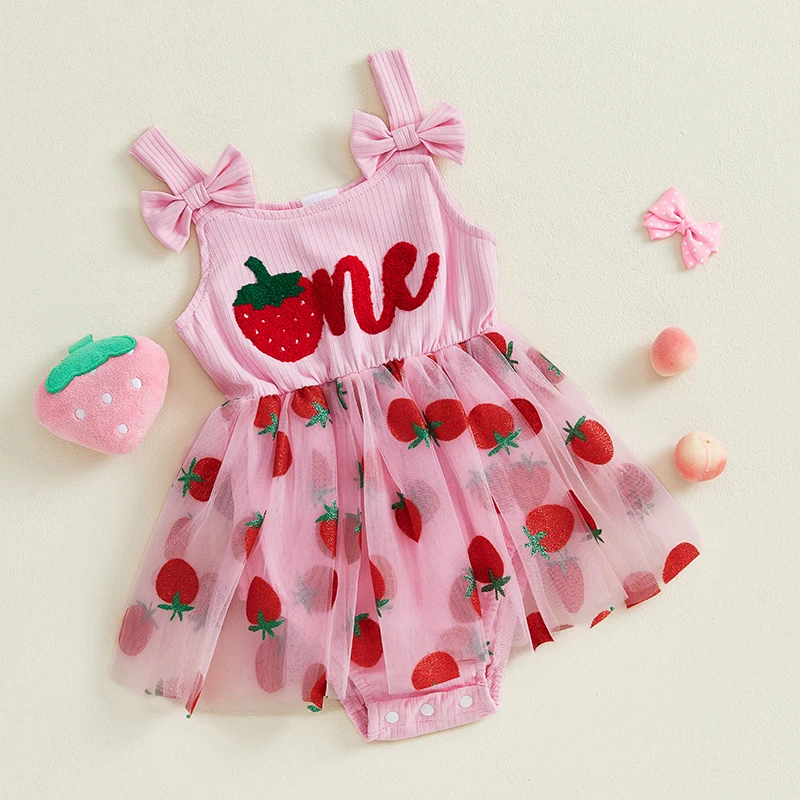 Tregren Vestido de cumpleaños sin mangas para niña con fresa