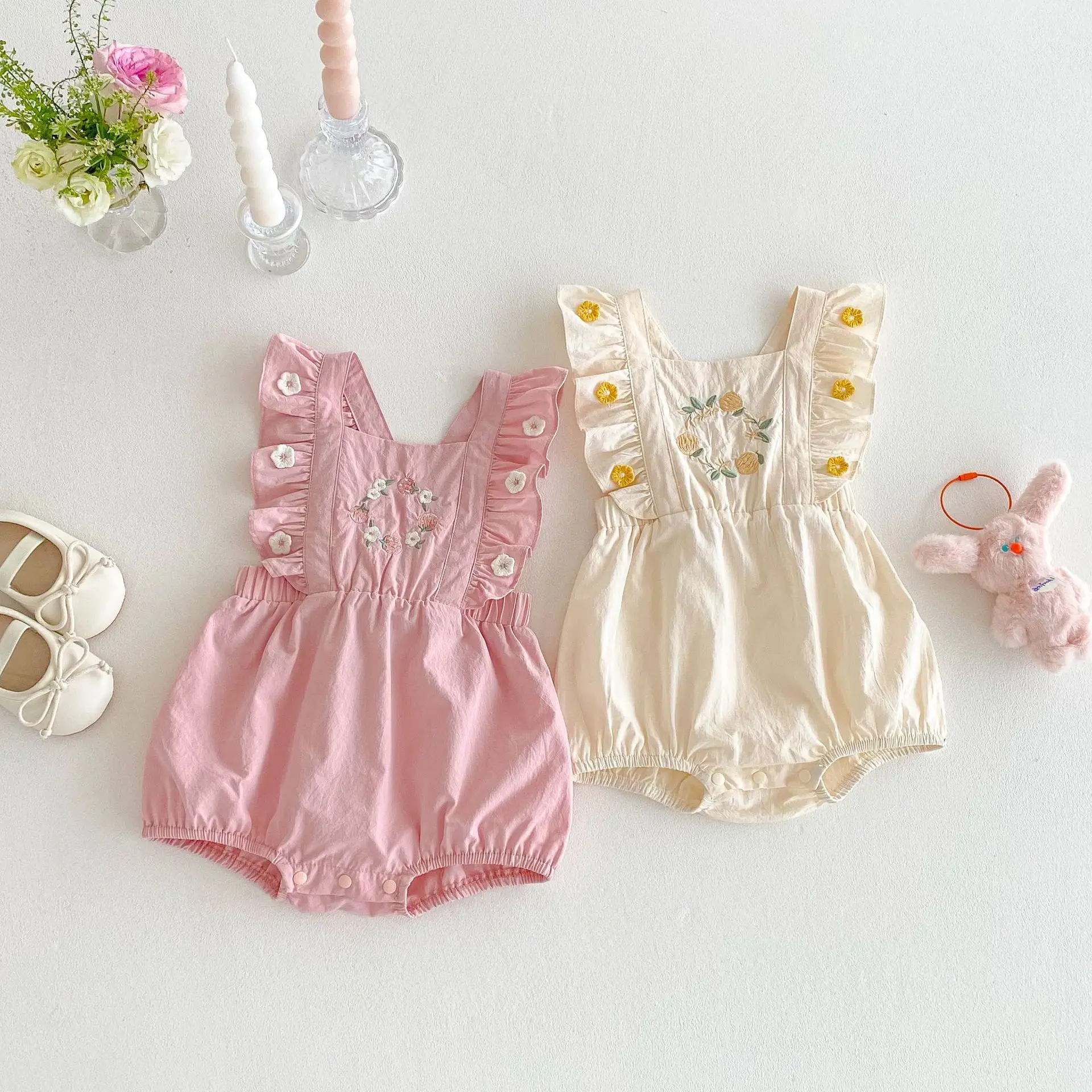 Traje de bebé bordado floral con mangas voladoras, para gatear - imagen 3