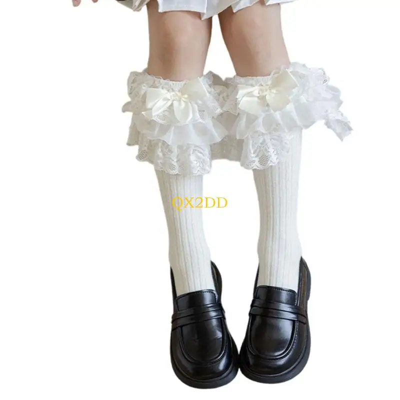 QX2D Calcetines de vestir algodón con encaje y lazo para otoño - imagen 2