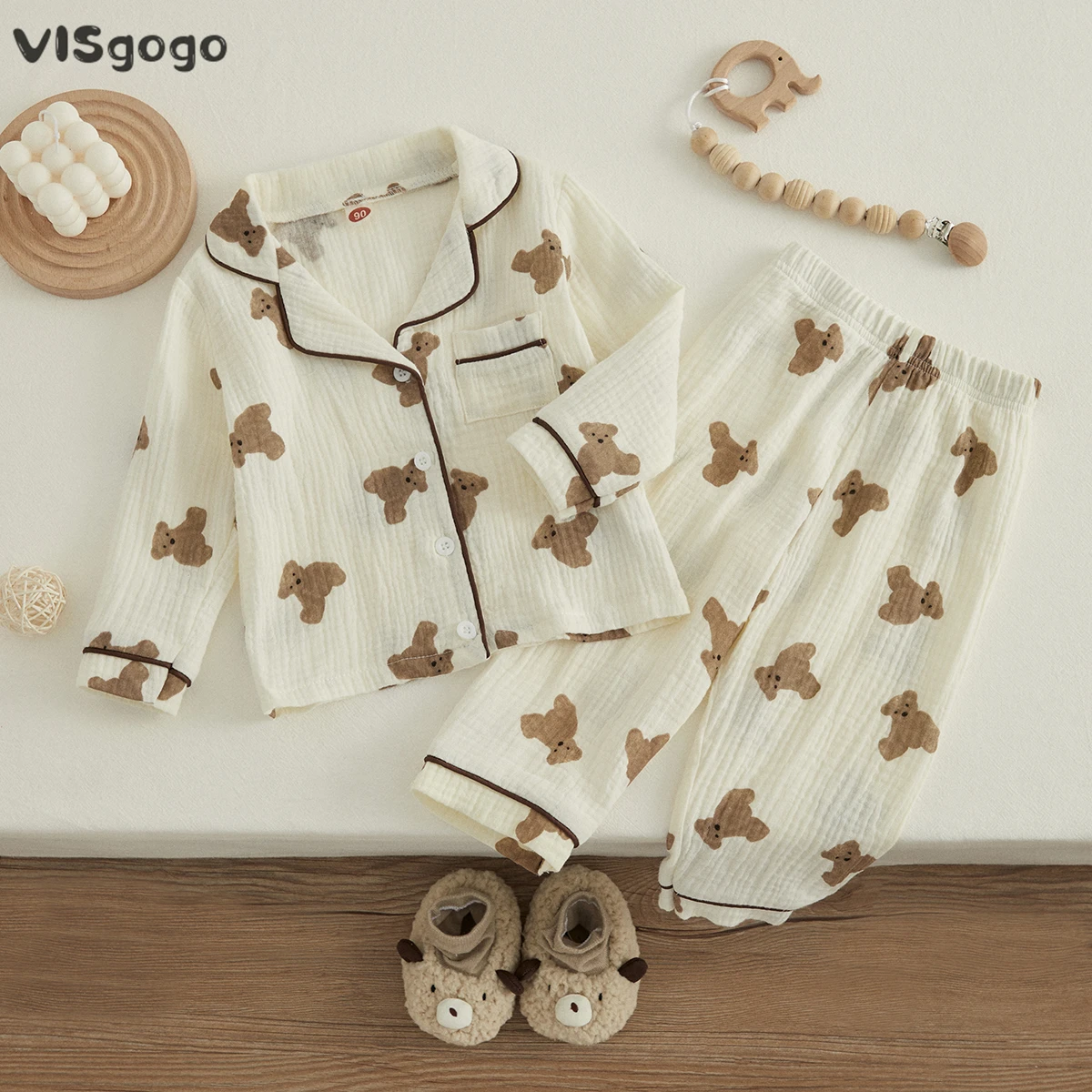 VISgogo Pijama de lino y algodón con estampado de oso para niño - imagen 2