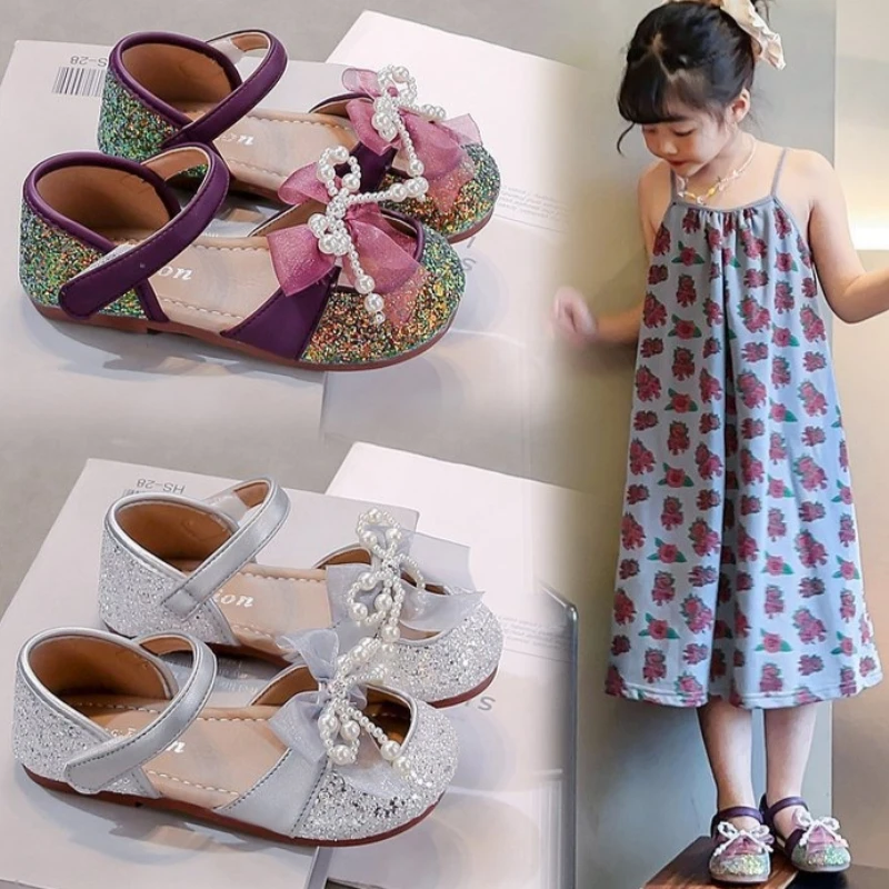 Sandalias antideslizantes de piel con lentejuelas para niña - imagen 4