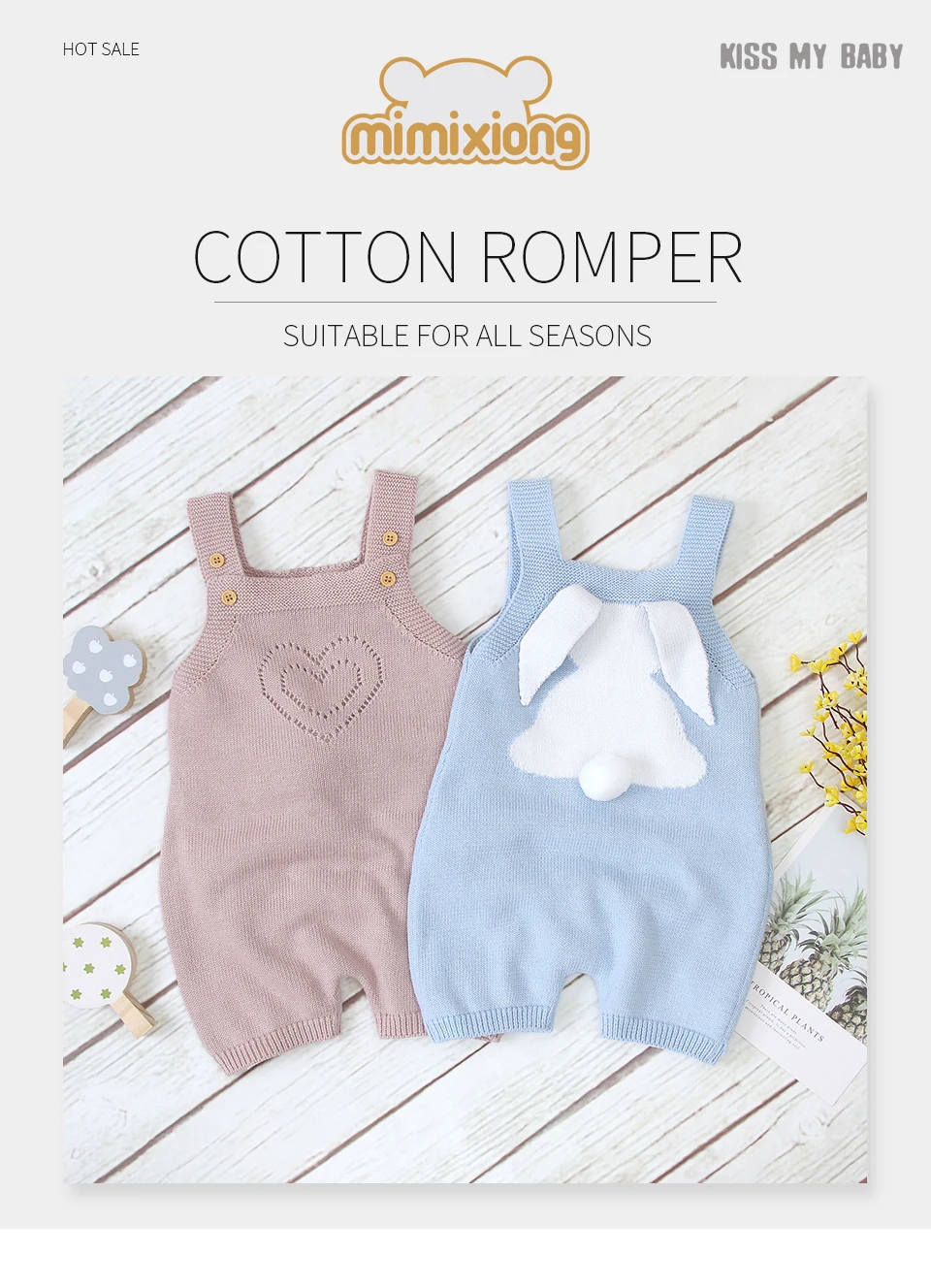 Pelele de algodón sin mangas en color claro con estampado infantil
