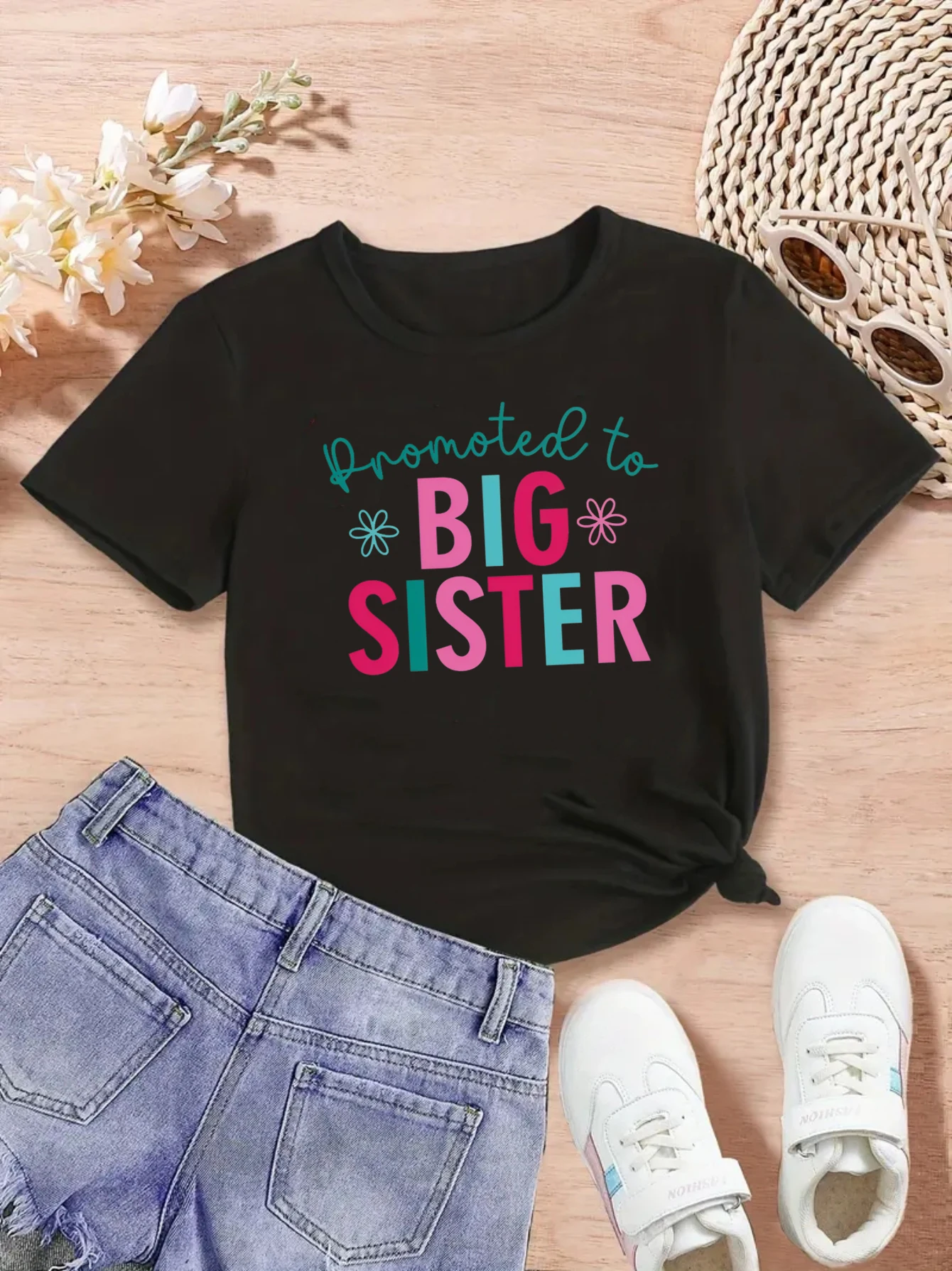 Camiseta niña con estampado de flores y letras suave para diario - imagen 2