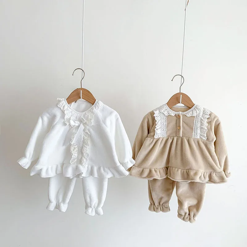 Milangel Pijama franela gruesa para bebé con lazo encaje