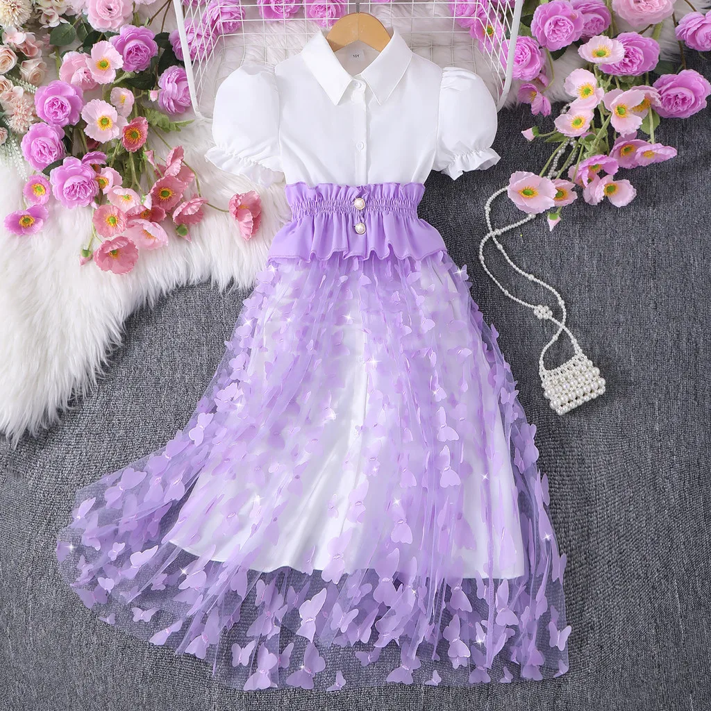 Vestido princesa de malla morada, manga corta para verano niña - imagen 2