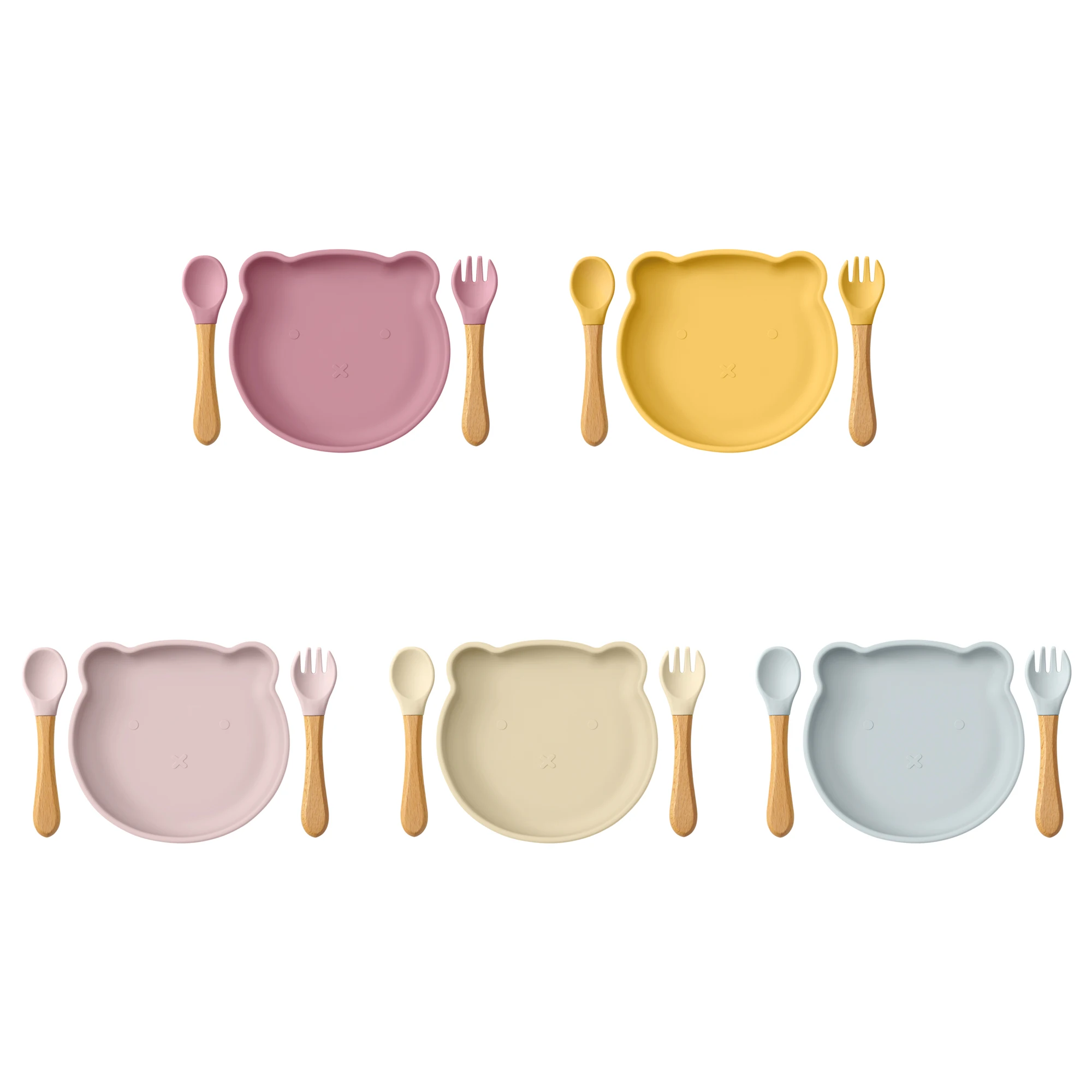 Set completo de plato azul, cuchara verde y segundo plato rosa sobre fondo neutro