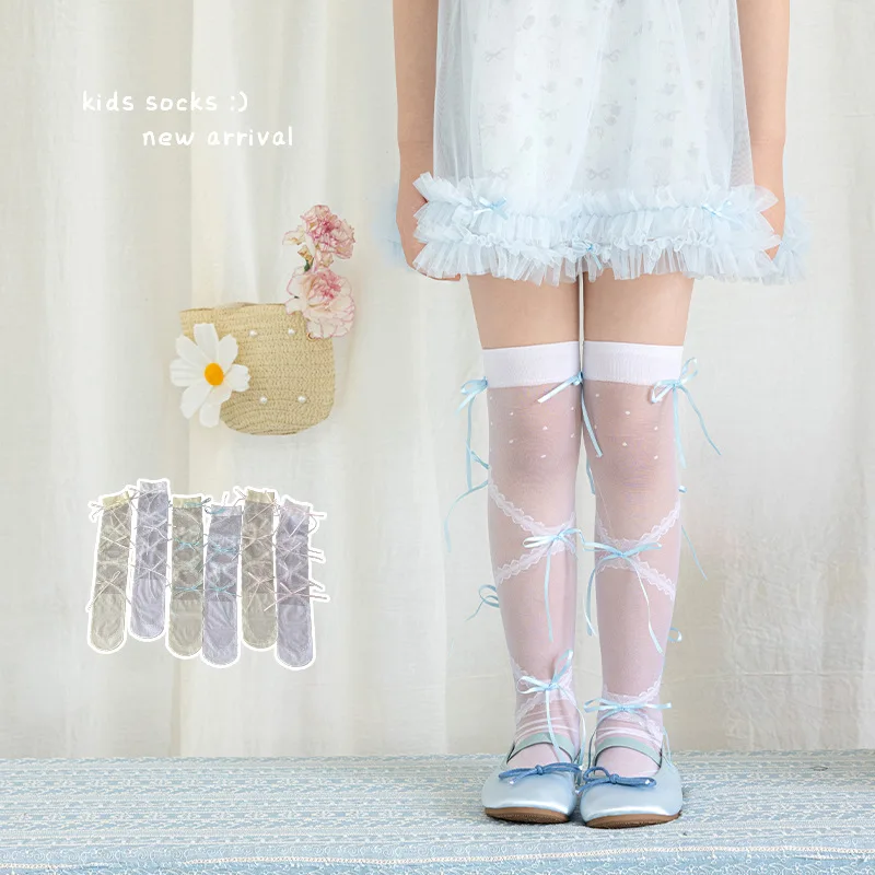Medias de malla hasta la rodilla para niñas – lazo estilo Lolita - imagen 2