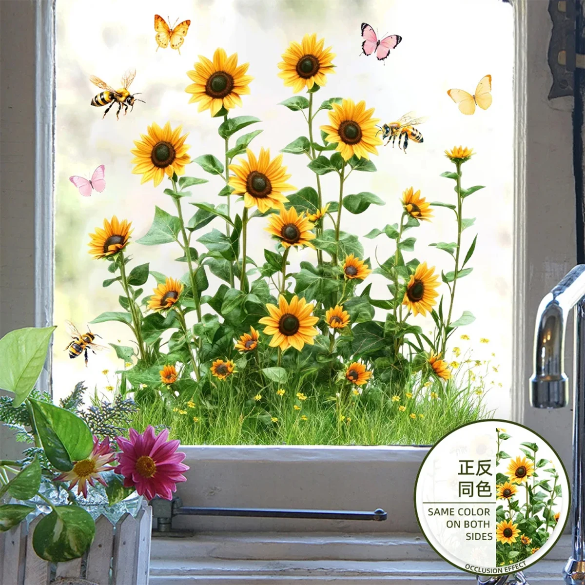 Pegatinas para ventanas estáticas reutilizables girasoles y abejas - imagen 5