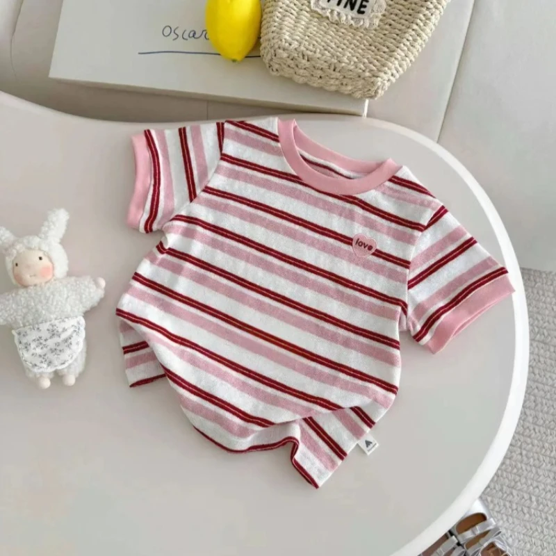 Camiseta niña manga corta a rayas rosas con bloques de color verano