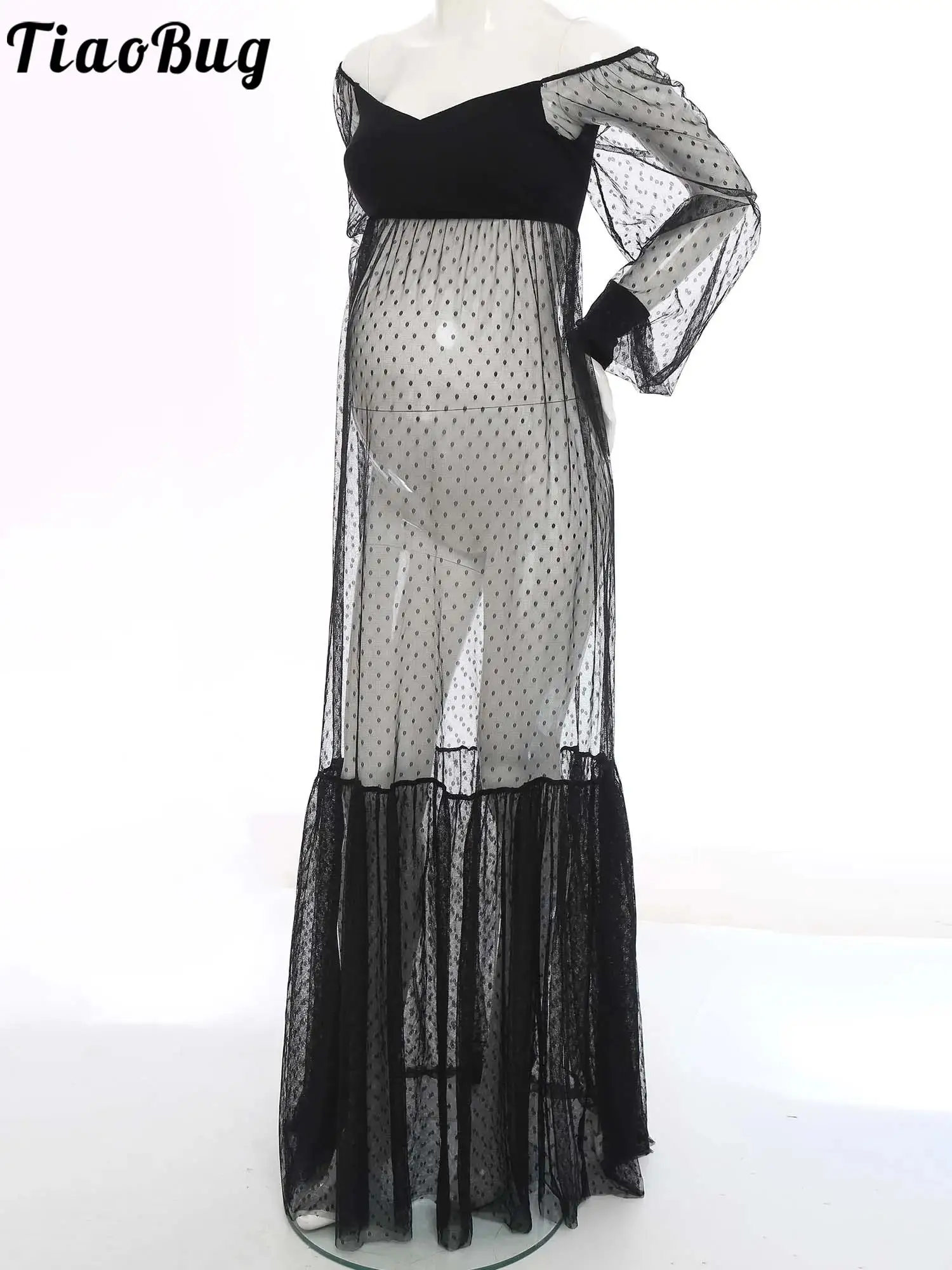 Vestido de maternidad de lunares con hombros descubiertos y tul - imagen 5