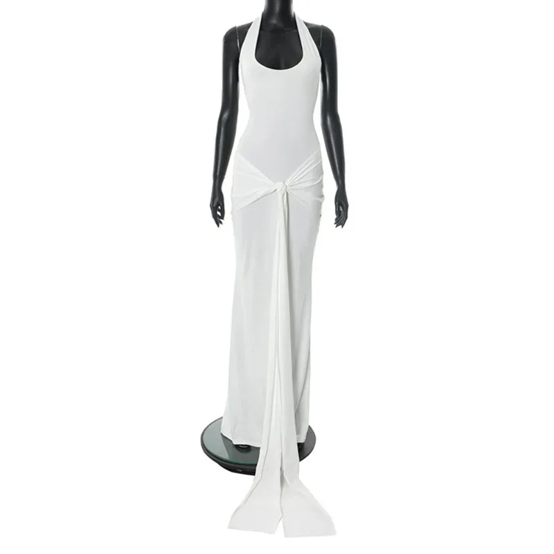 Vestido de maternidad blanco fruncido con cuello halter para fotos - imagen 3