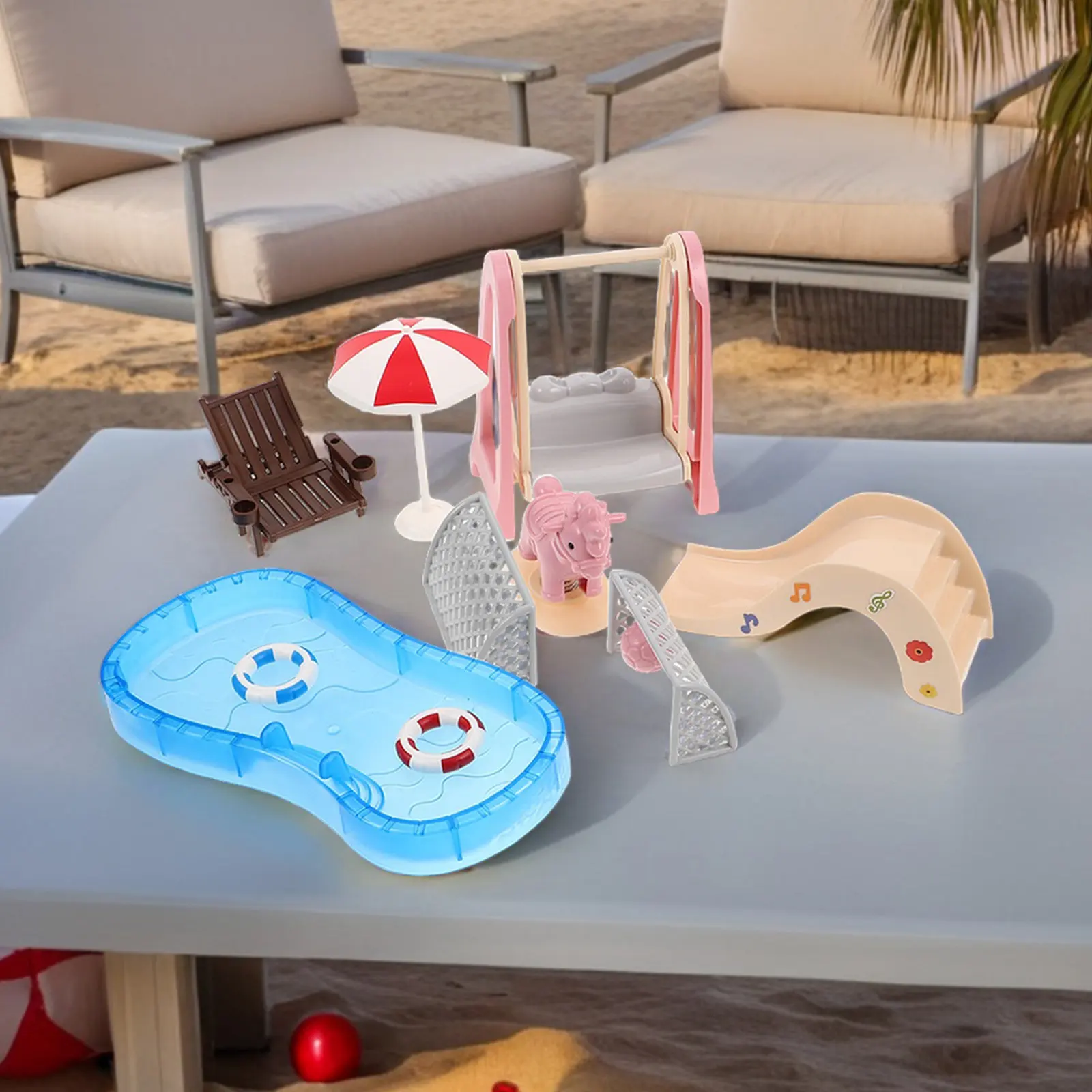 Accesorios piscina para casa de muñecas: sillas y anillos - imagen 4