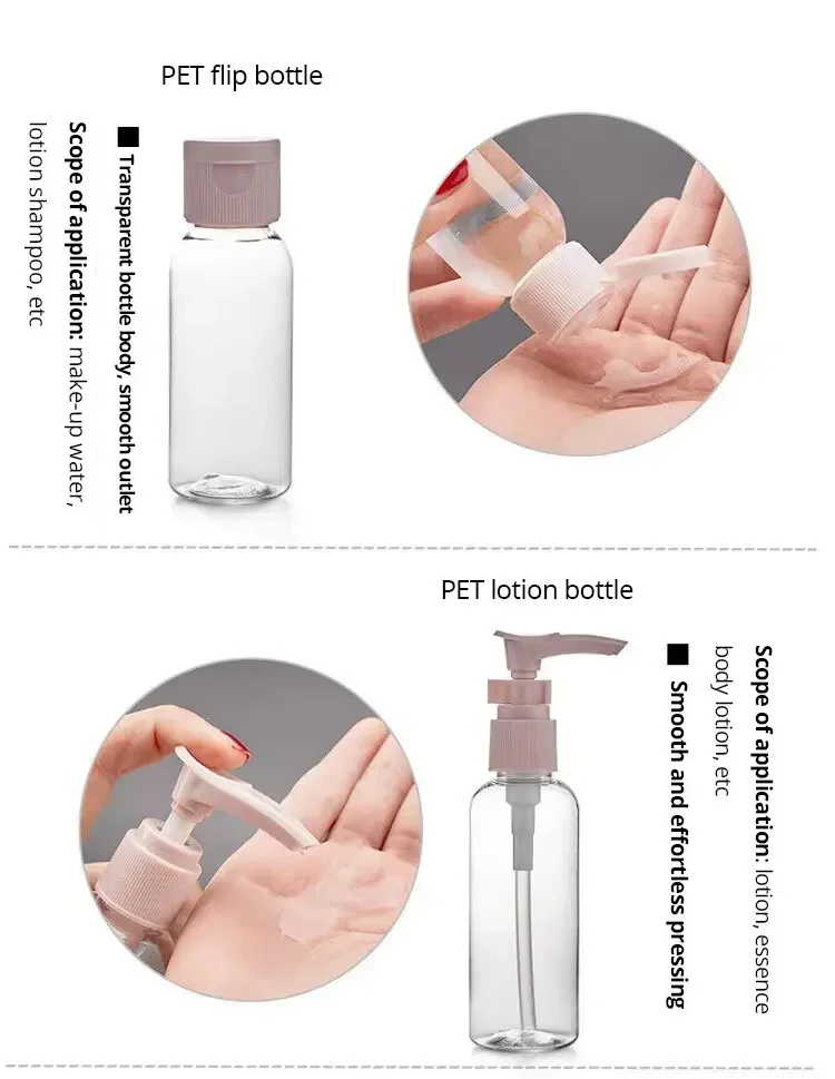 Botellas transparentes y tubos exprimibles dentro de la bolsa de viaje