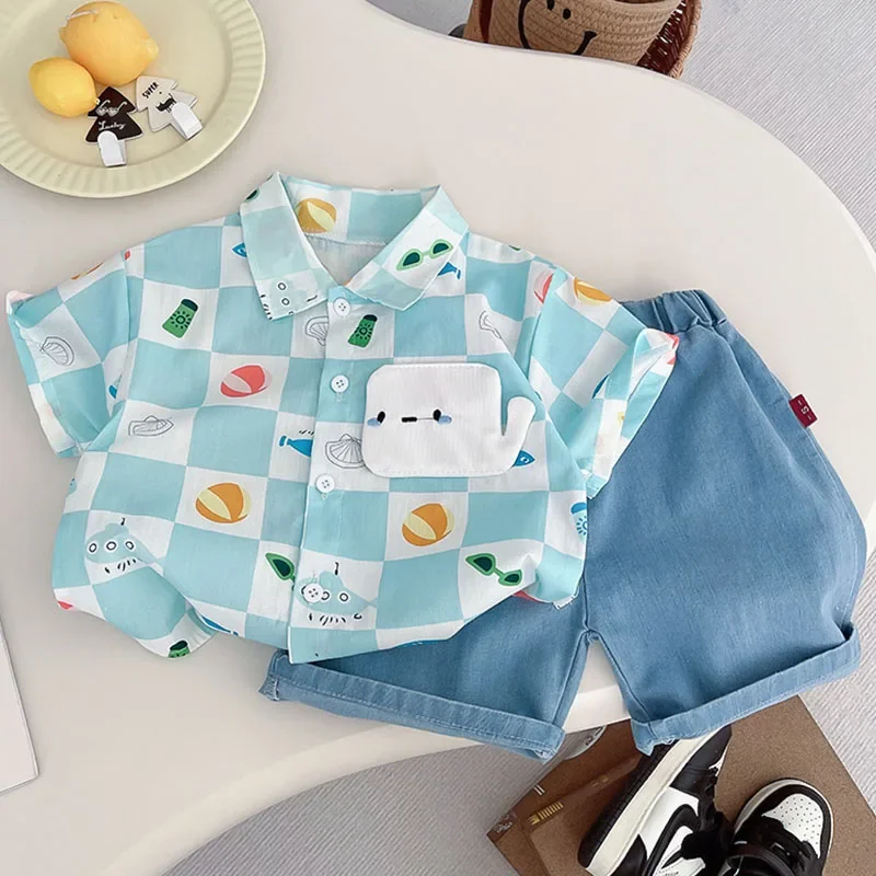 Conjunto de verano para bebé niño: camiseta a cuadros y bermuda vaquera