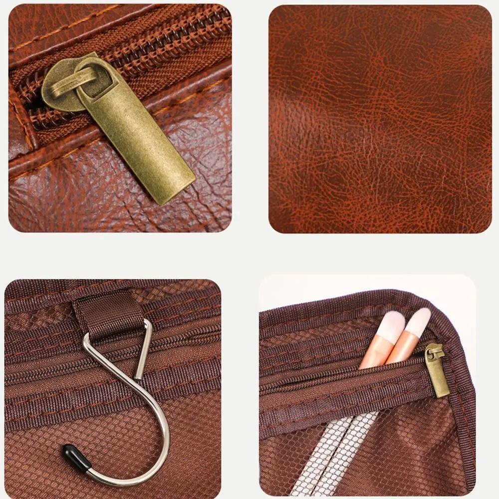Bolsa de aseo portátil impermeable de cuero PU con gancho colgante - imagen 5