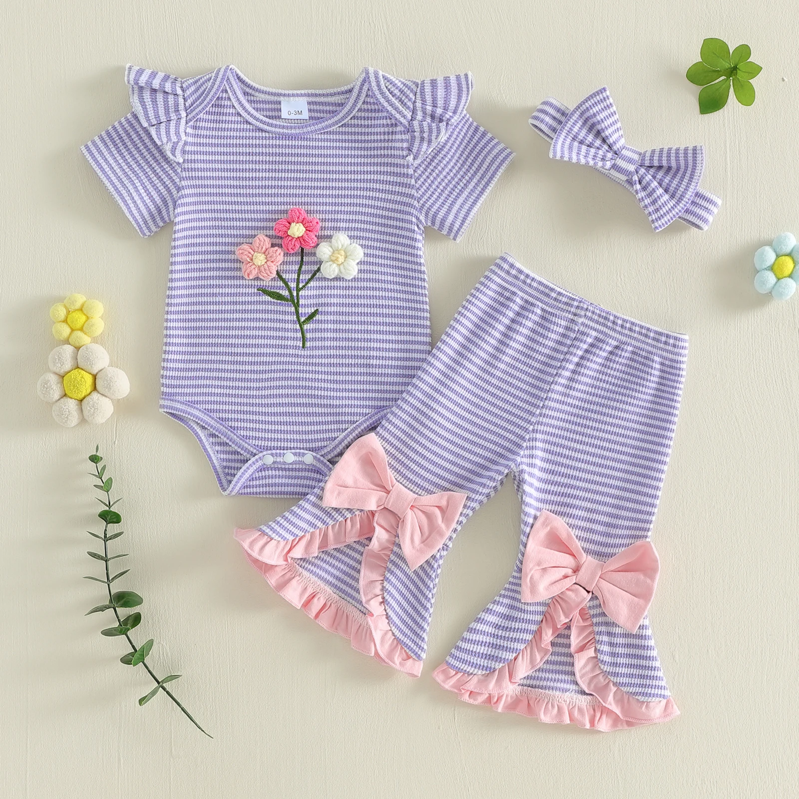 Conjunto de verano para niña con rayas y flores de ganchillo - imagen 2
