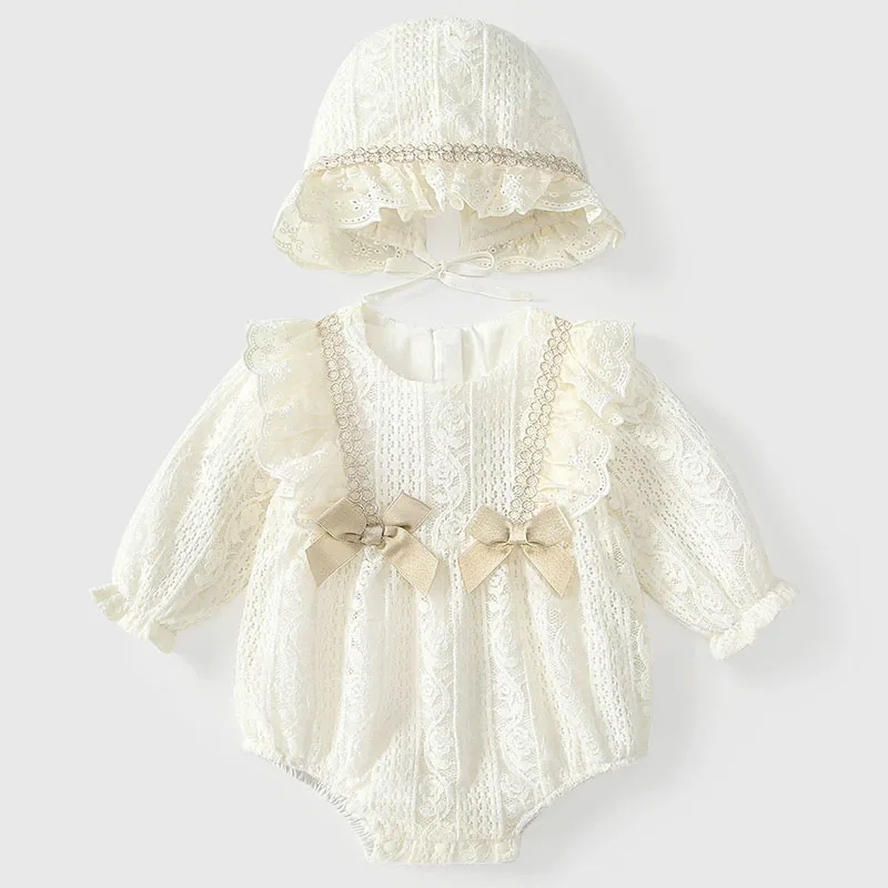 Mono de bebé princesa con encaje y lazo, primavera-otoño