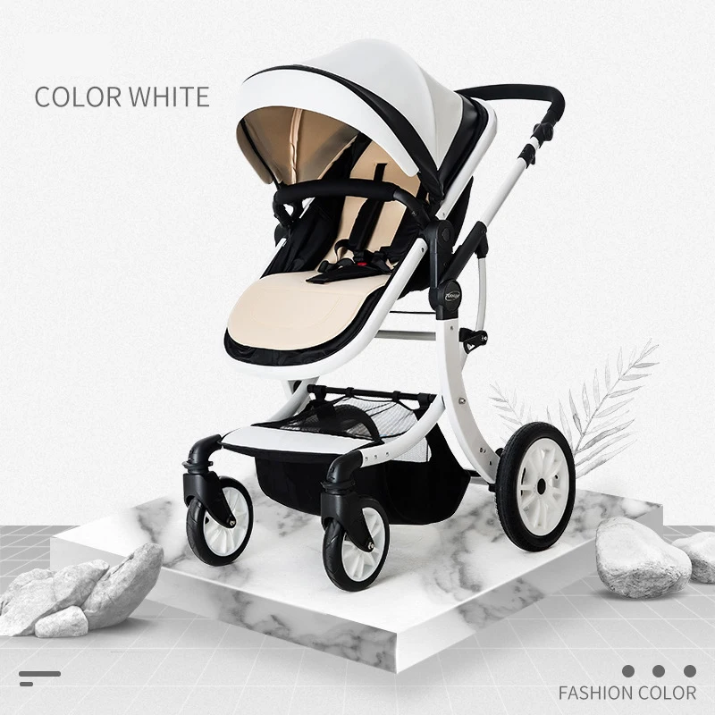 Cochecito de bebé 3 en 1 lujo cuero PU con asiento coche Blanco - imagen 5