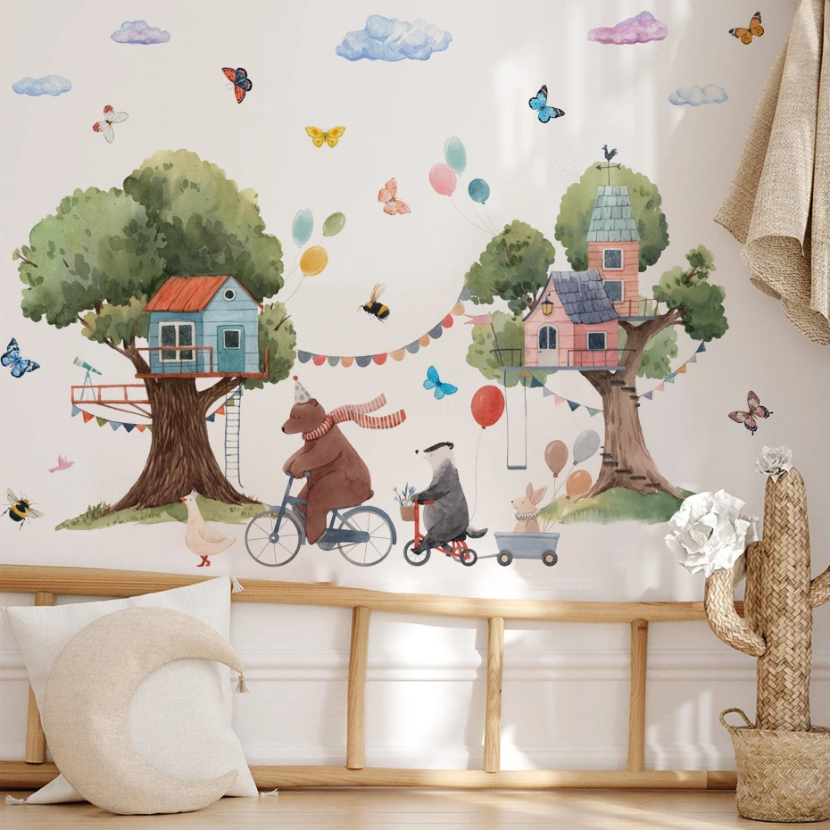 Pegatinas de pared acuarela bosque con animales y casitas - imagen 2