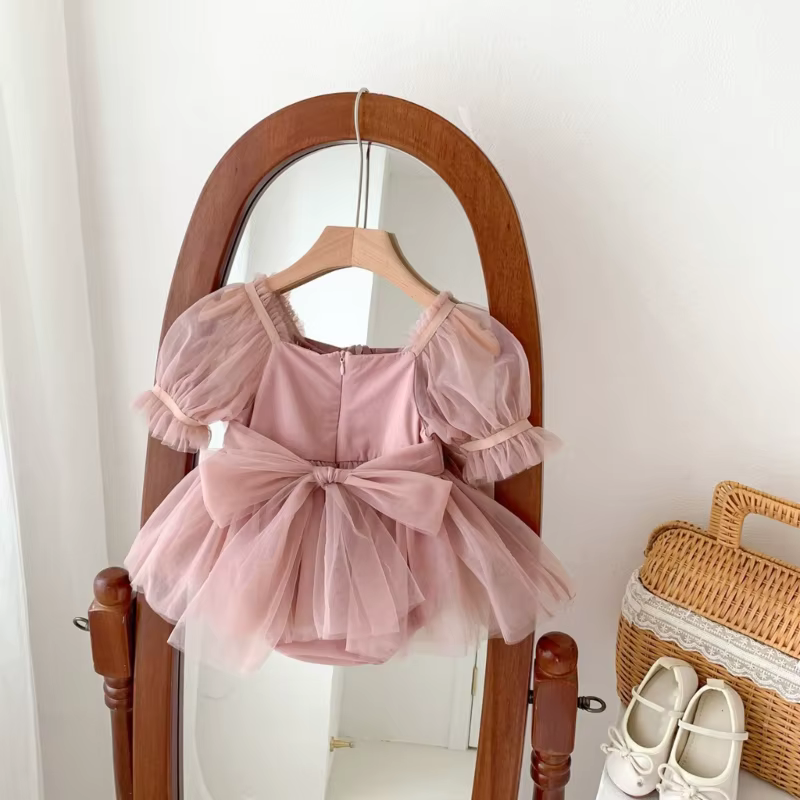 QX2D Vestido niña mangas burbujas con lazo transpirable - imagen 4