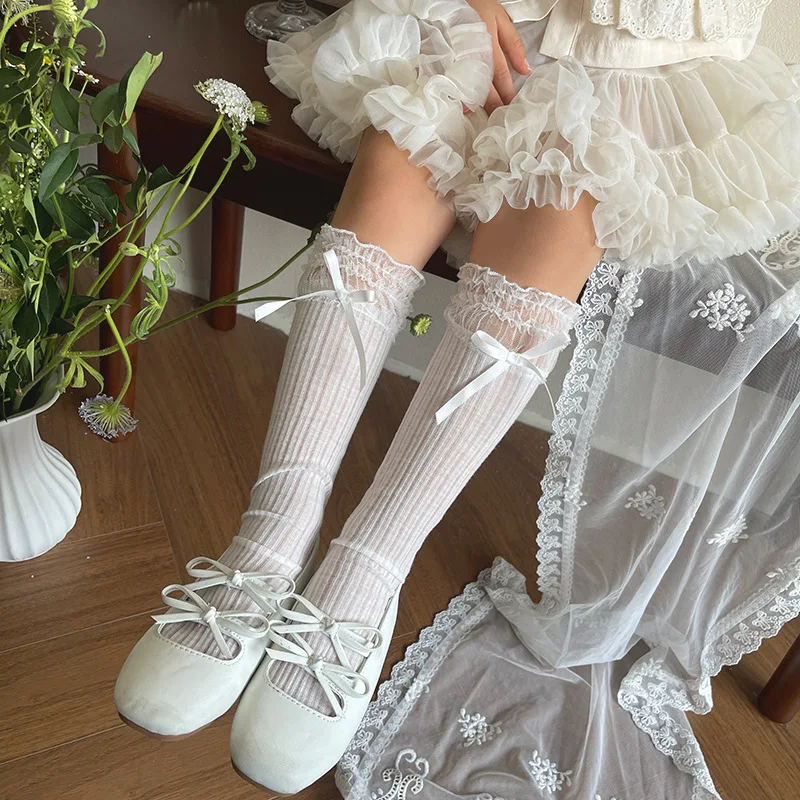 Calcetines altos de encaje con lazo y volantes para niñas respirables - imagen 4