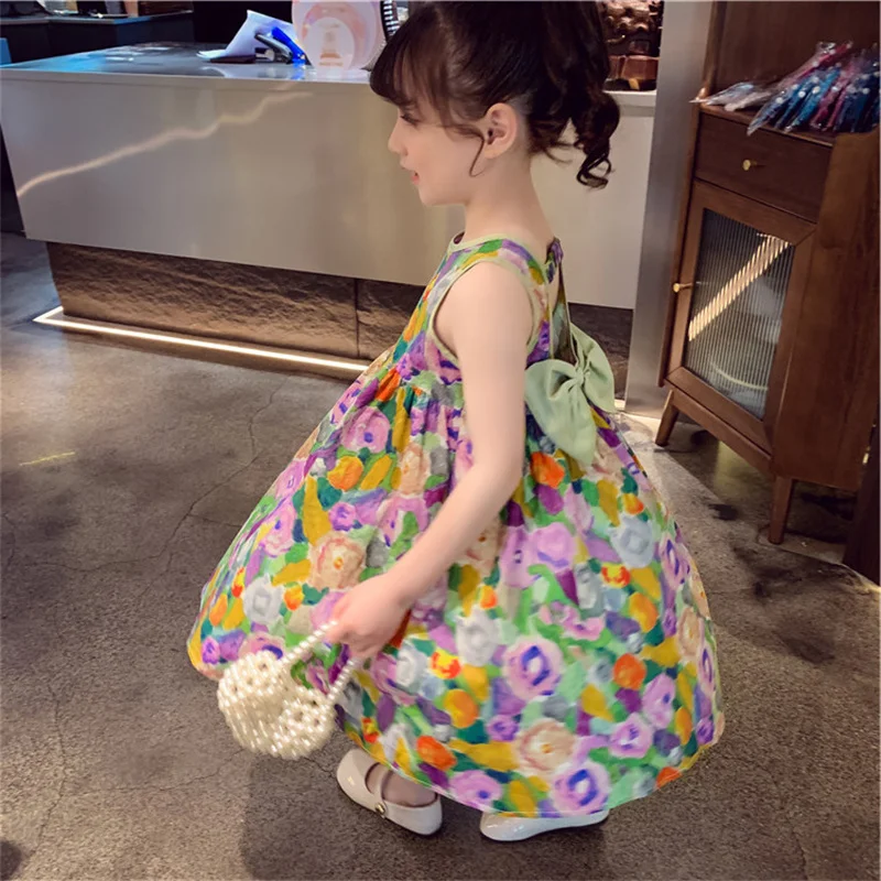 Vestido de verano floral para niñas con lazo y falda sin mangas - imagen 4