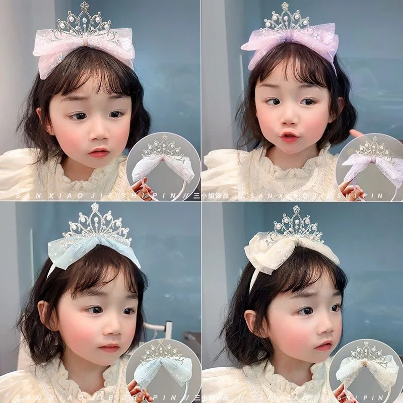 Diadema de corona para niñas con lazo de perlas y princesa - imagen 3