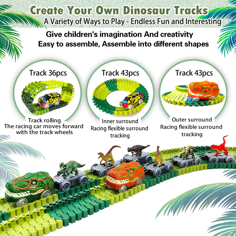 Dinosaurios detallados y tren de juguete